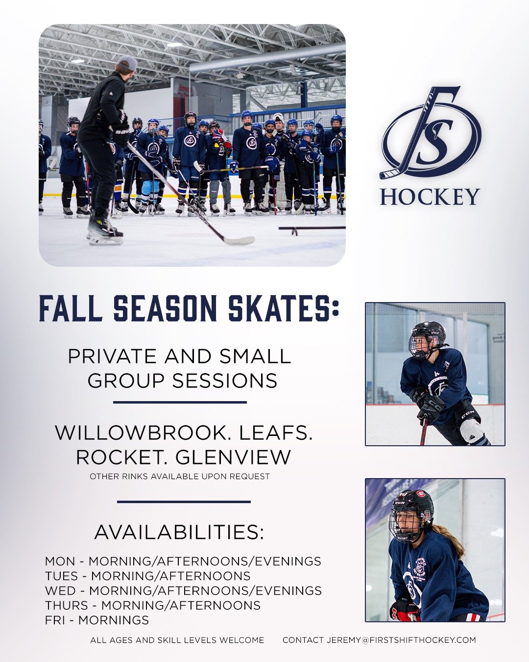 Flyer for fall season hockey skating lessons at Willowbrook, Leafs, Rocket, and Glenview, with images of young hockey players and a coach on ice.