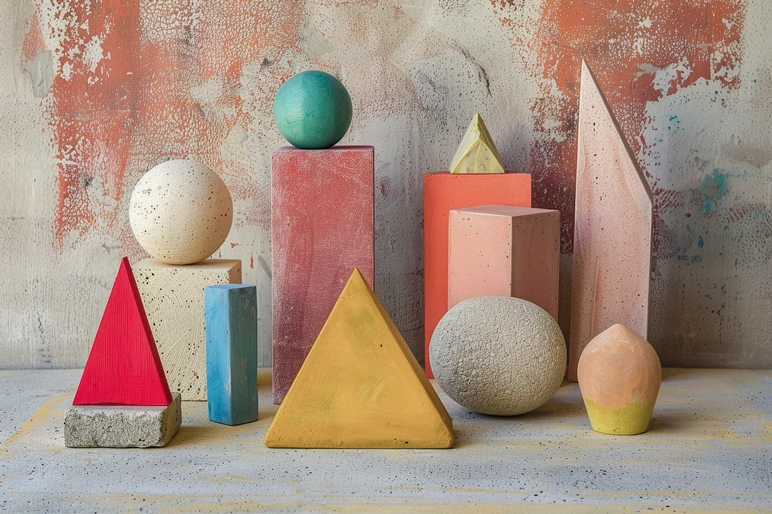 Colorful geometric objects including spheres, cones, and rectangular prisms arranged on a concrete surface and background with splattered paint in pink, orange, and blue.