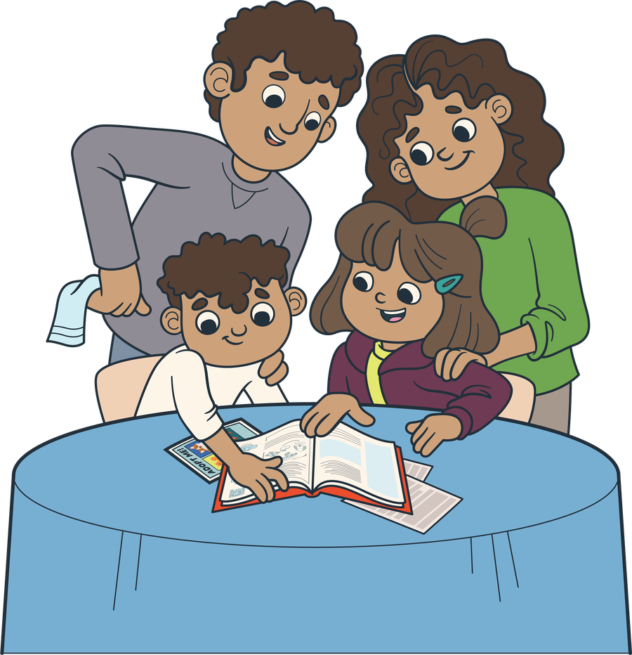 Four children and one adult gathered around a table, looking at and pointing to a book, in a classroom or library setting.