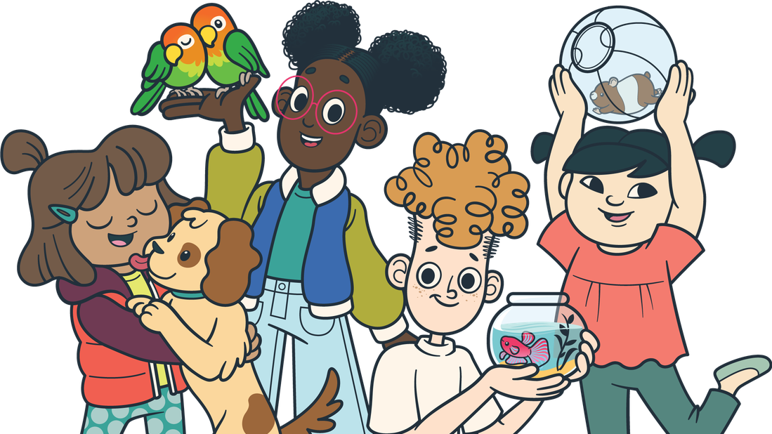 Four children and a dog holding two colorful parrots, with one child holding a fishbowl containing a goldfish and a small hamster.