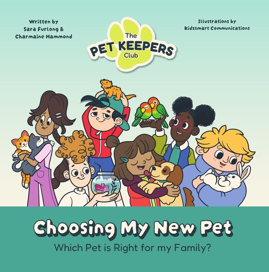 Children holding various pets, including cats, dogs, birds, and a fish, on a cover titled "The Pet Keepers Club: Choosing My New Pet" with authors and illustrators credited.