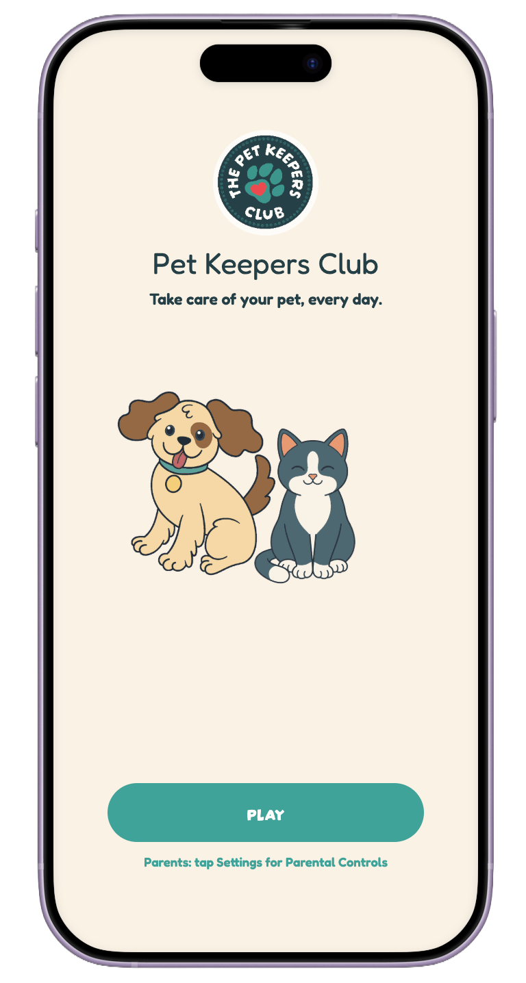Mobile app splash screen for Pet Keepers Club, featuring a cartoon dog and cat, with the text "Take care of your pet, every day" and a "Play" button.