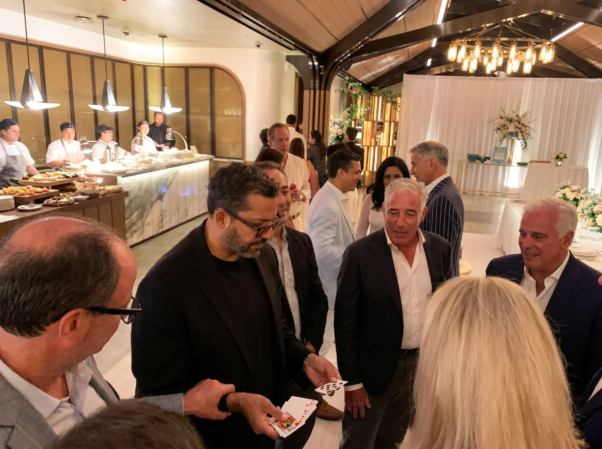 Guests mingle at an upscale event with a chef-served food counter, floral decorations, and a man performing a card trick.