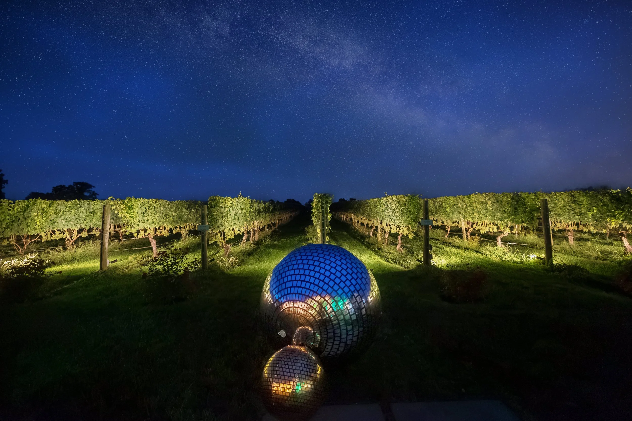 Illuminated vineyard rows beneath a star-filled night sky, with a colorful mosaic tunnel sculpture in the foreground