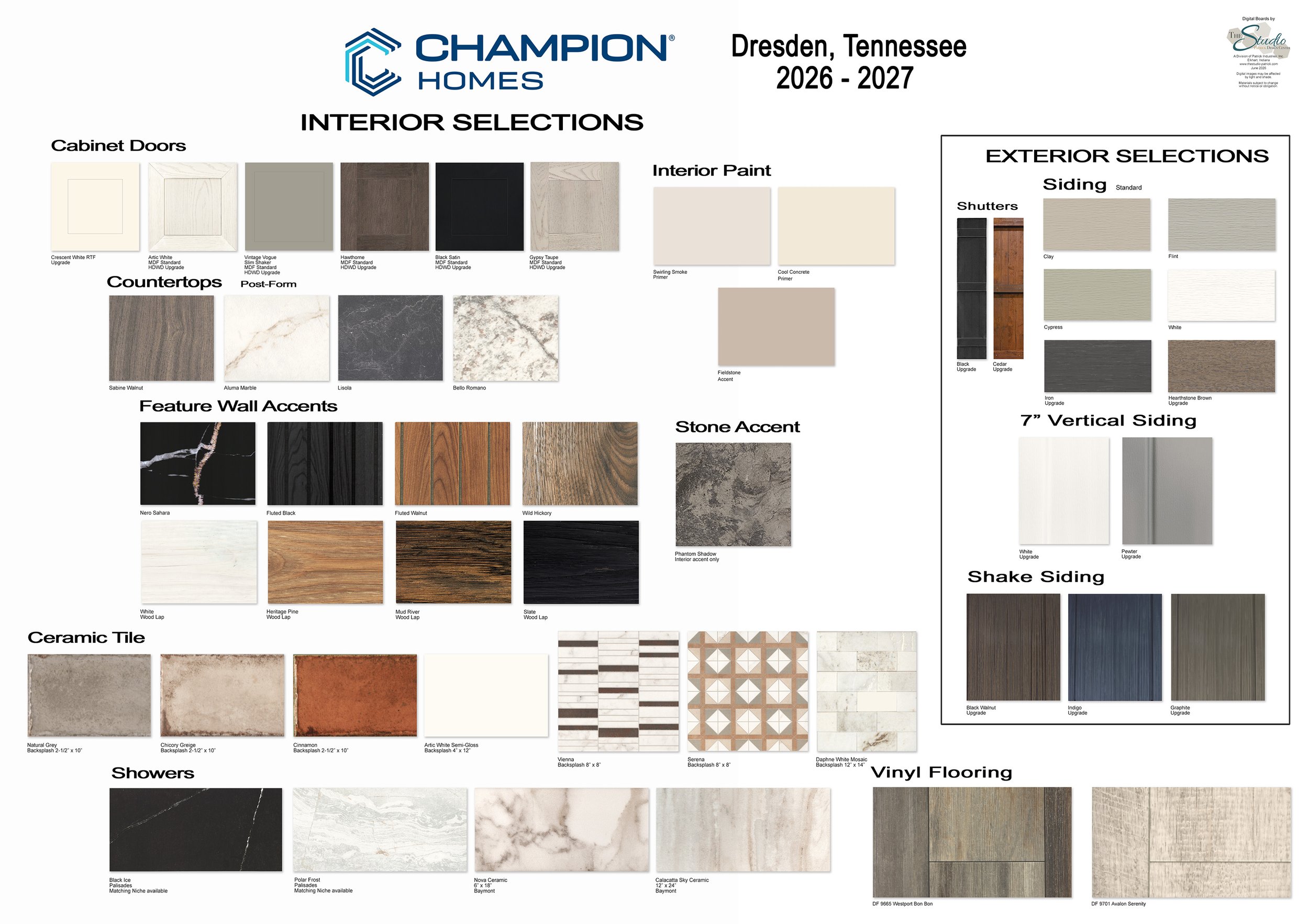 Champion Homes Dresden, Tennessee 2026–2027 interior and exterior selections board featuring cabinet doors, countertops, paint colors, wall accents, ceramic tile, showers, flooring, siding, and shutters.