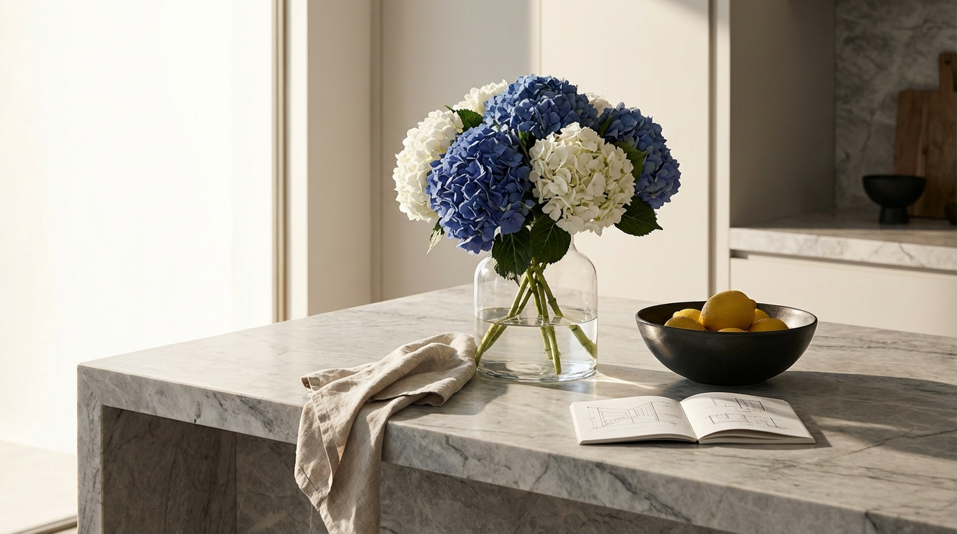 Blue and white hydrangea bouquet in a glass vase on a marble kitchen island beside a bowl of lemons, linen towel, and open book