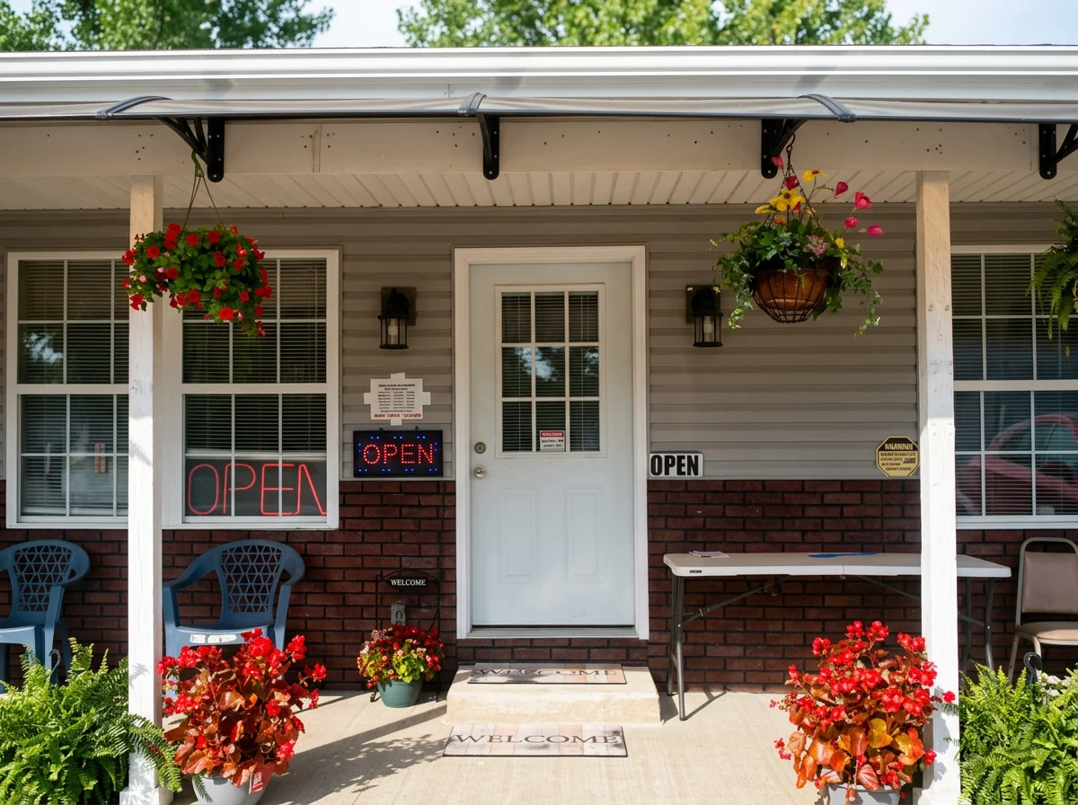 Front porch entrance with an open sign, white door, hanging flower baskets, potted plants, and outdoor chairs