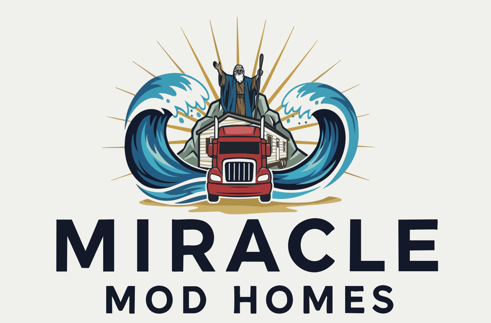 Miracle Mod Homes logo featuring a red truck, mountain cabin, ocean waves, and robed figure with sun rays