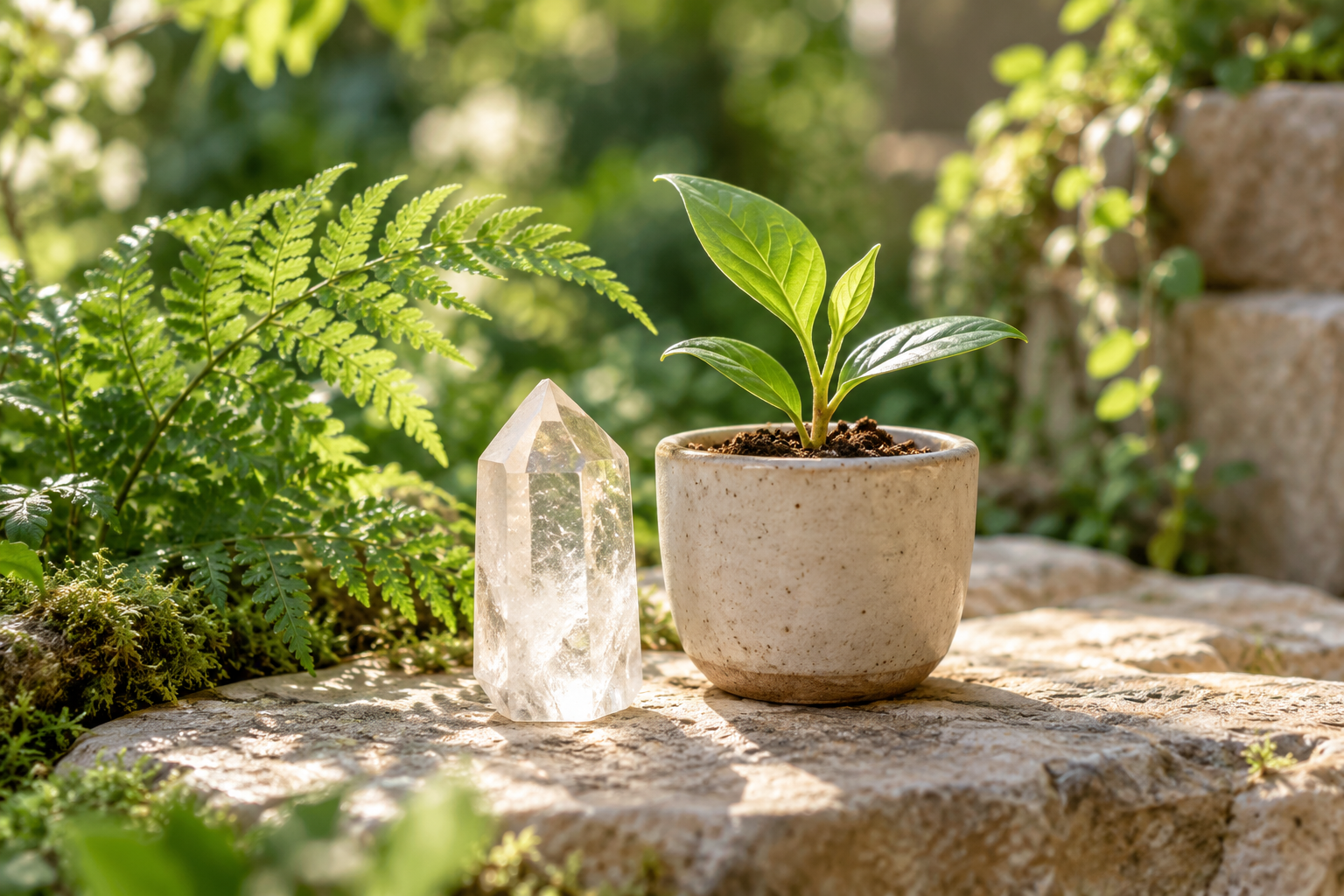 A potted plant with green leaves, a clear quartz crystal, and green plants in the background, outdoors on a stone surface.