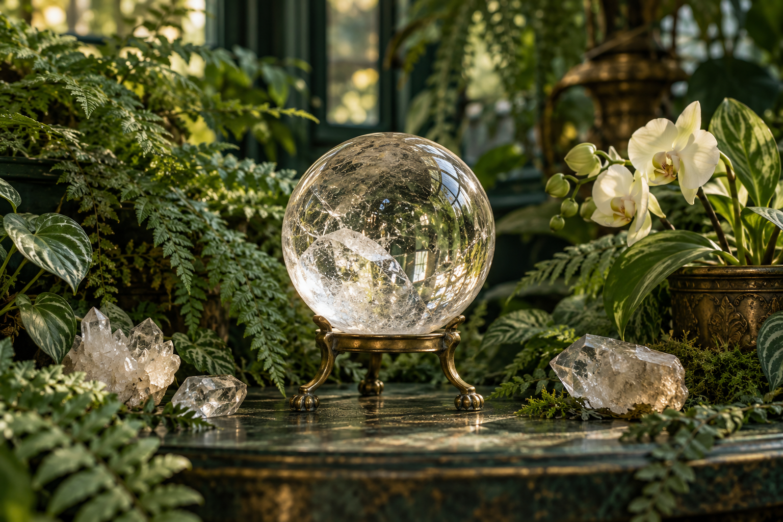 A glass crystal ball and large quartz crystals are displayed on a green marble table, surrounded by lush green plants and white orchids in a sunlit greenhouse.