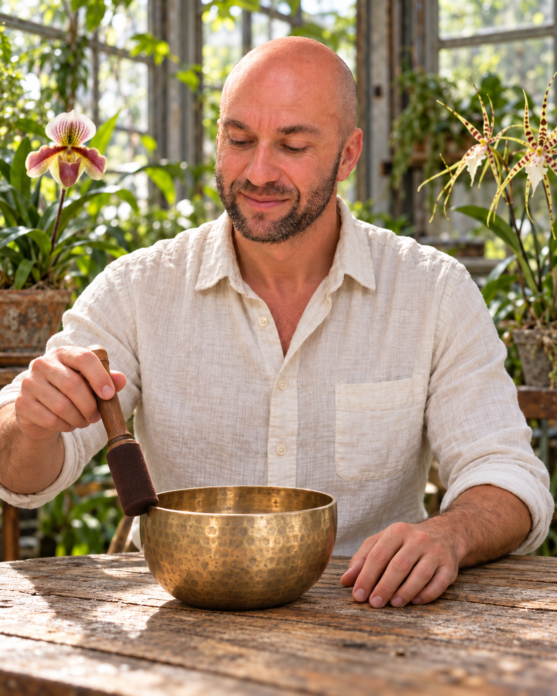 A man with a shaved head and beard sitting at a wooden table inside a greenhouse, playing a singing bowl with a wooden striker, surrounded by green plants and orchids.
