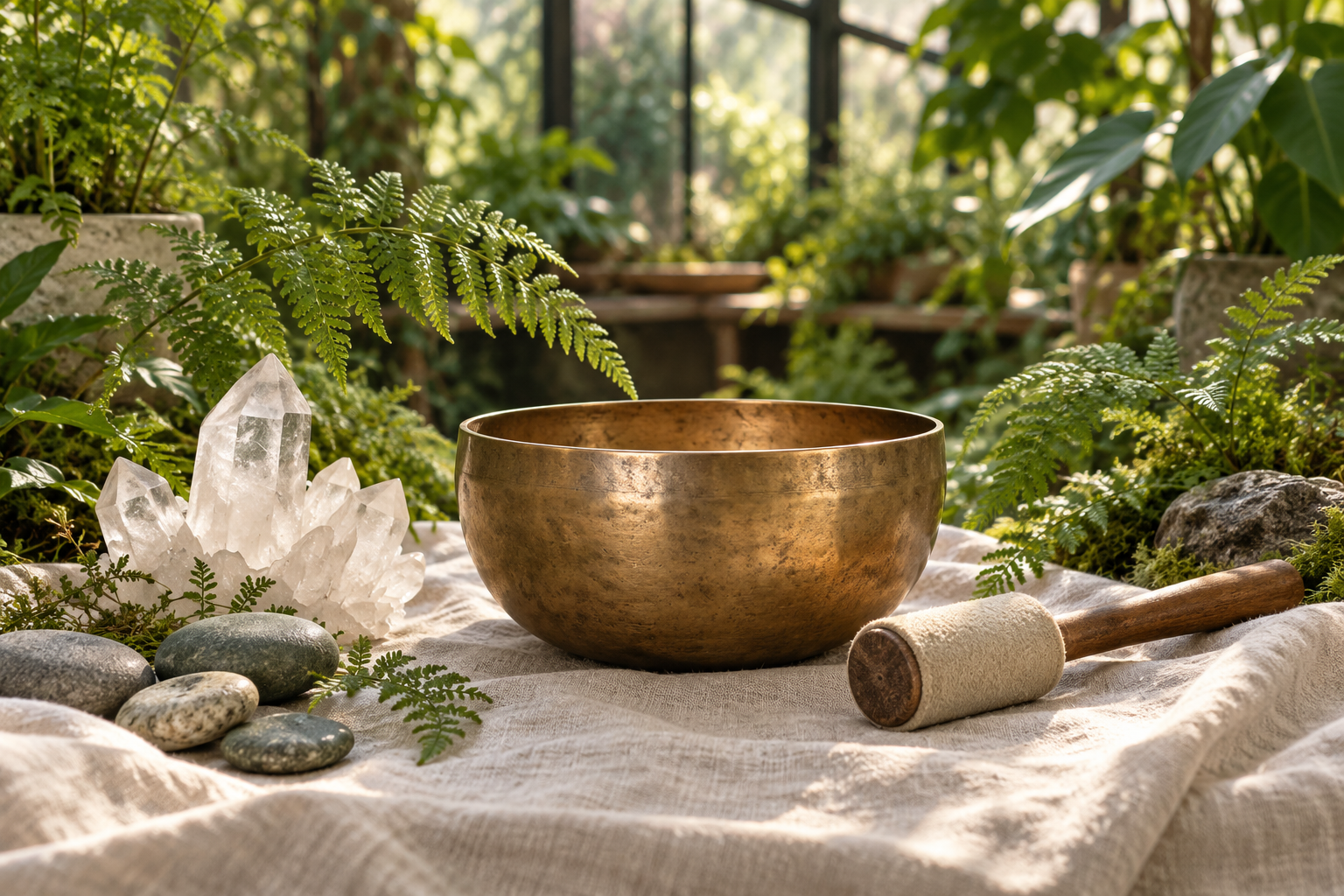 A brass singing bowl surrounded by ferns, stones, and quartz crystals on a white cloth, set in a lush green indoor or greenhouse environment.