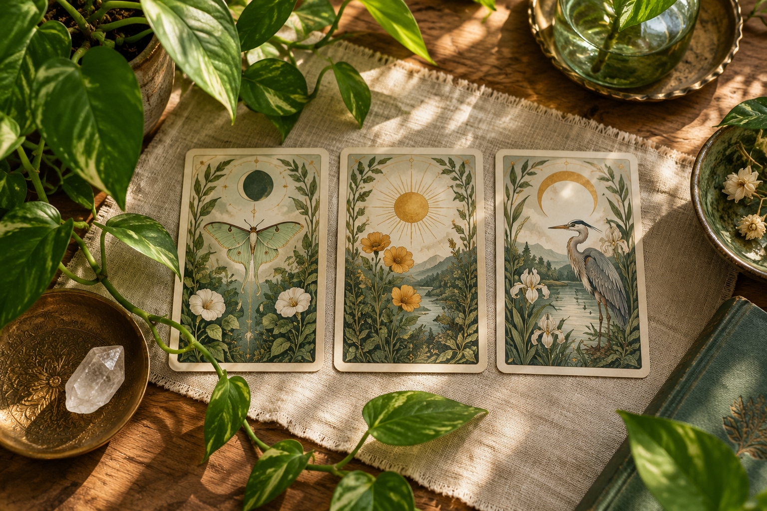 Three nature-themed tarot cards laid out on a table surrounded by plants, a quartz crystal, a book, and decorative bowls.