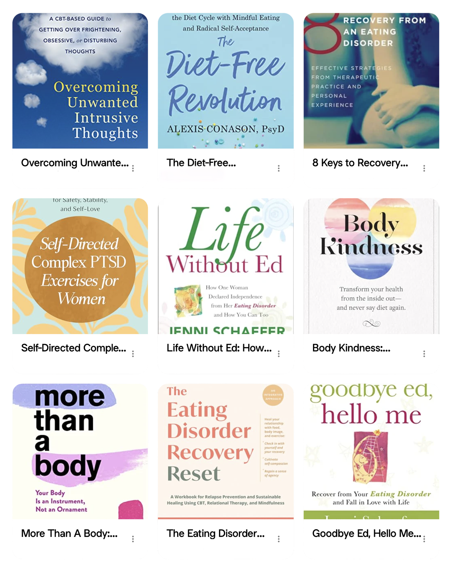 Grid of nine book covers about eating disorder recovery, body image, intuitive eating, and mental health.
