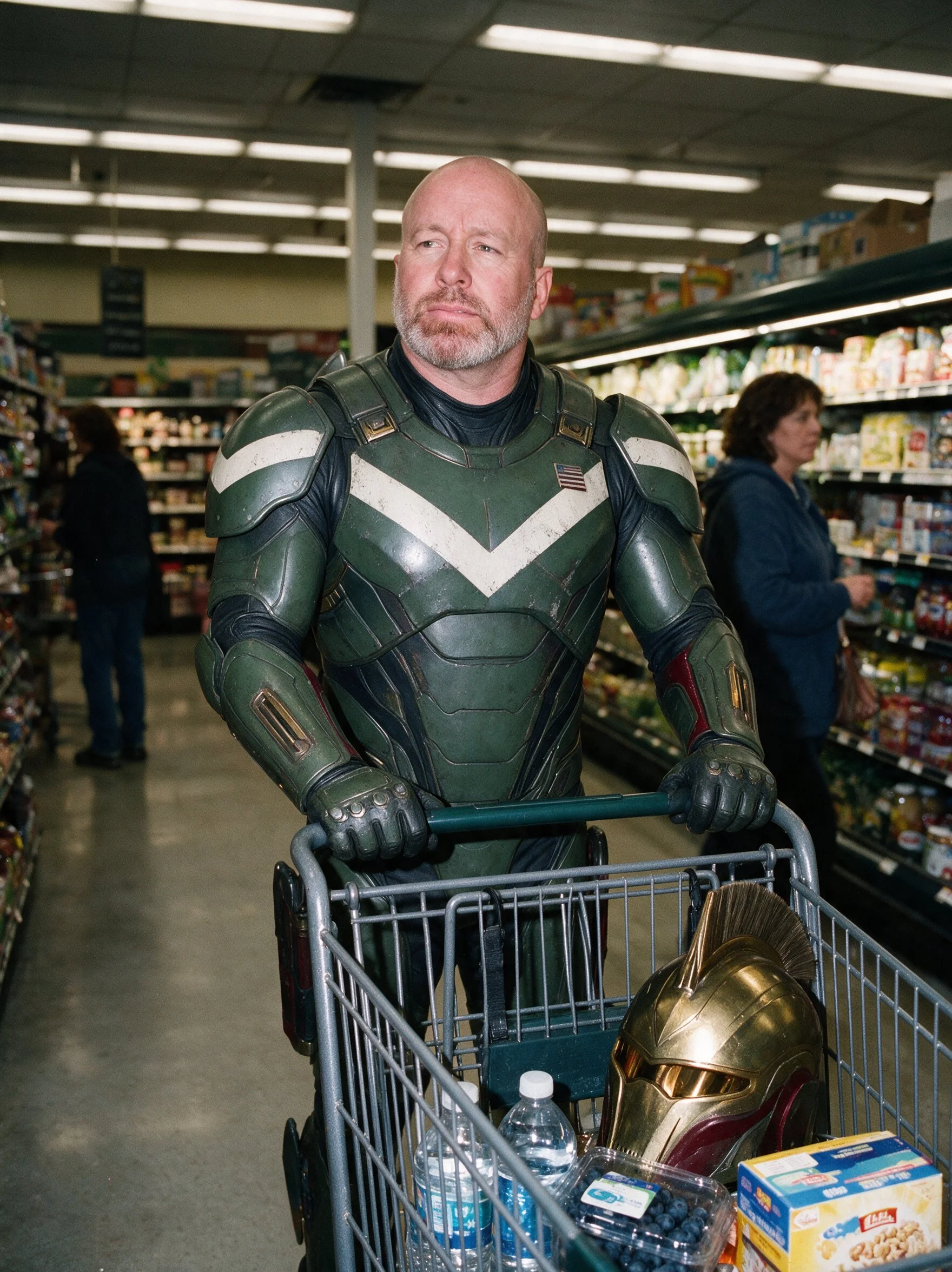 Aisle seven. Helmet rides in the cart.