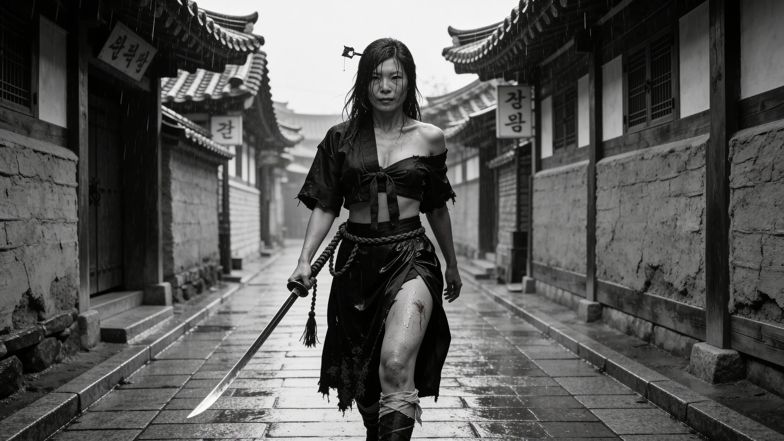 Swordswoman in the rain. Personal concept: one character locked across a series.