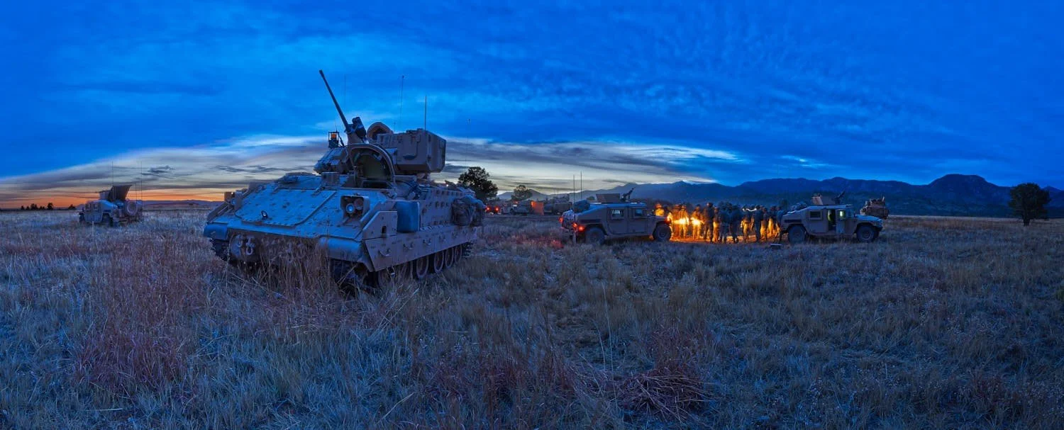 Military. Bradley at the Observation Post (OP), Field Exercise, sunset.
