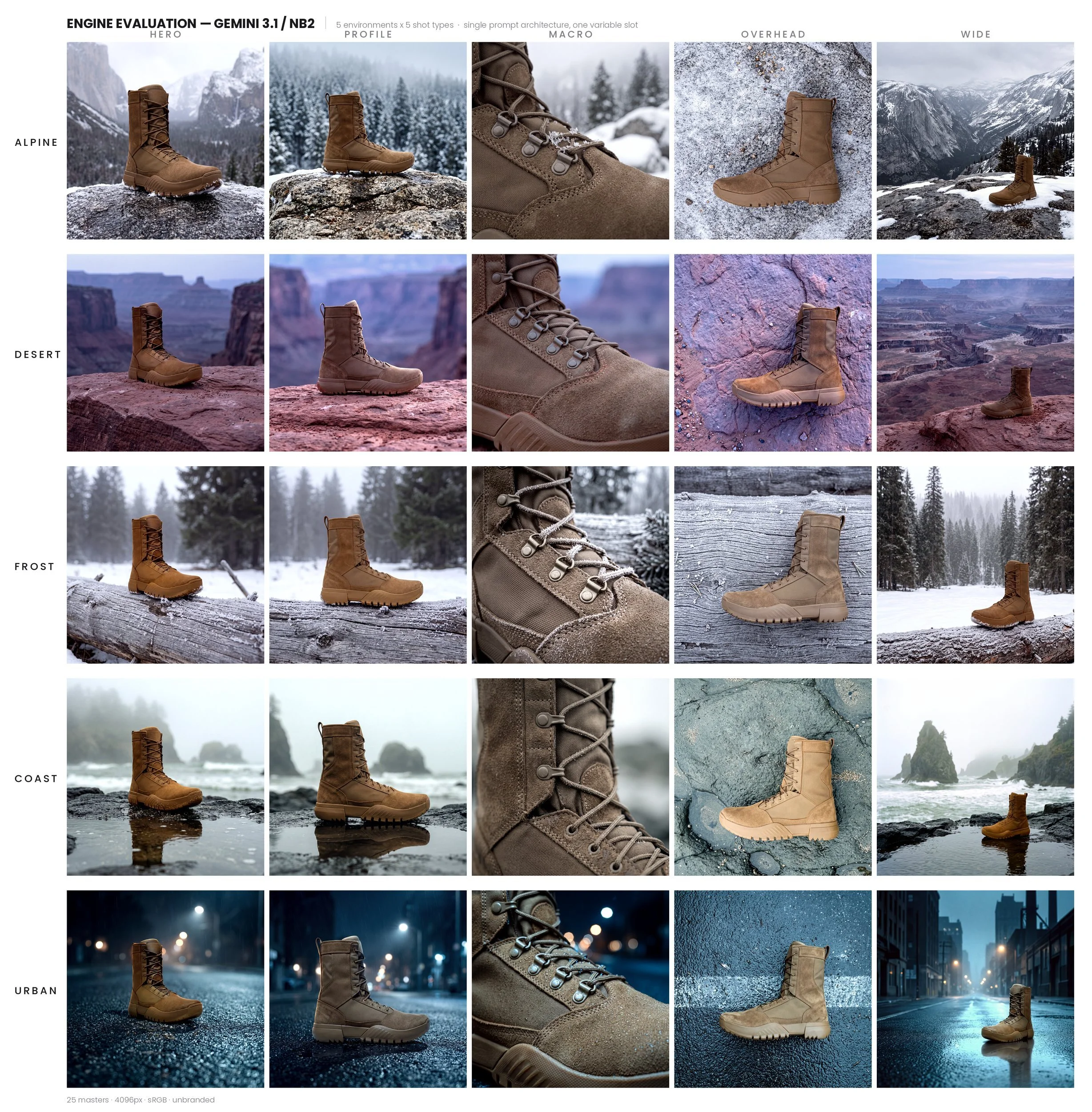 The 25-cell matrix: five environments by five shot types, one engine, one master.