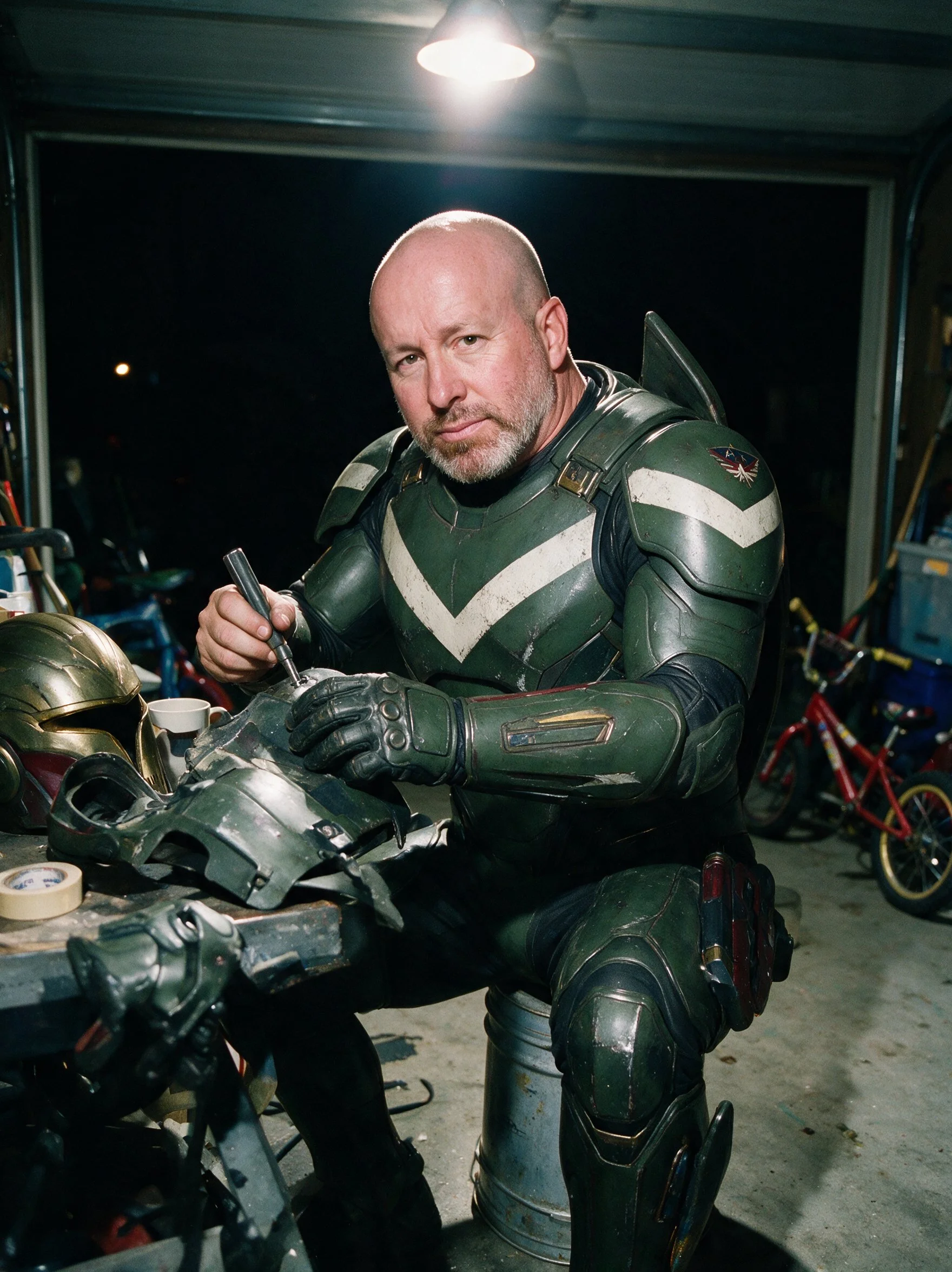 Fixes his own gear.