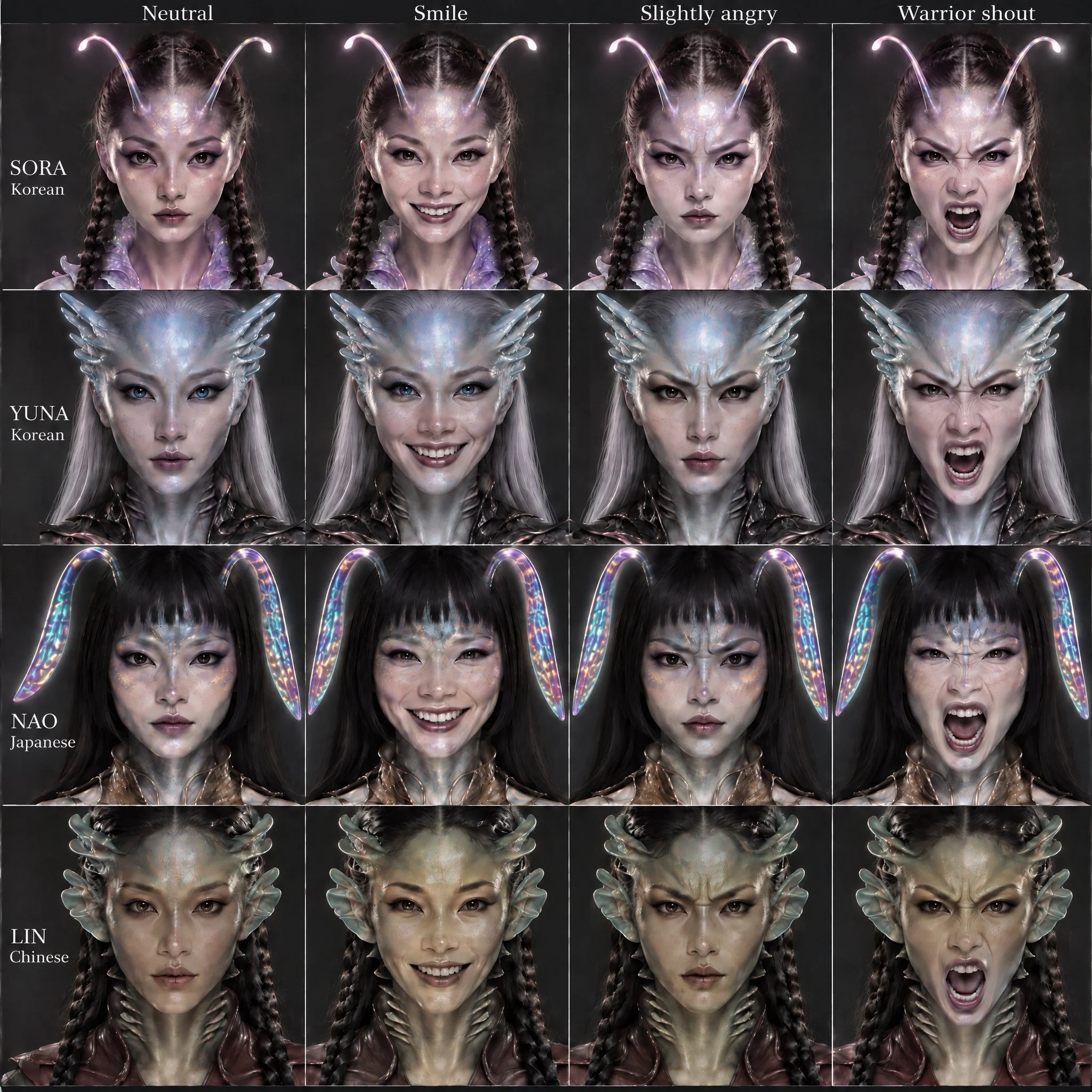 AI-generated expression sheet: Sora, Yuna, Nao and Lin, each shown neutral, smiling, slightly angry and mid warrior shout