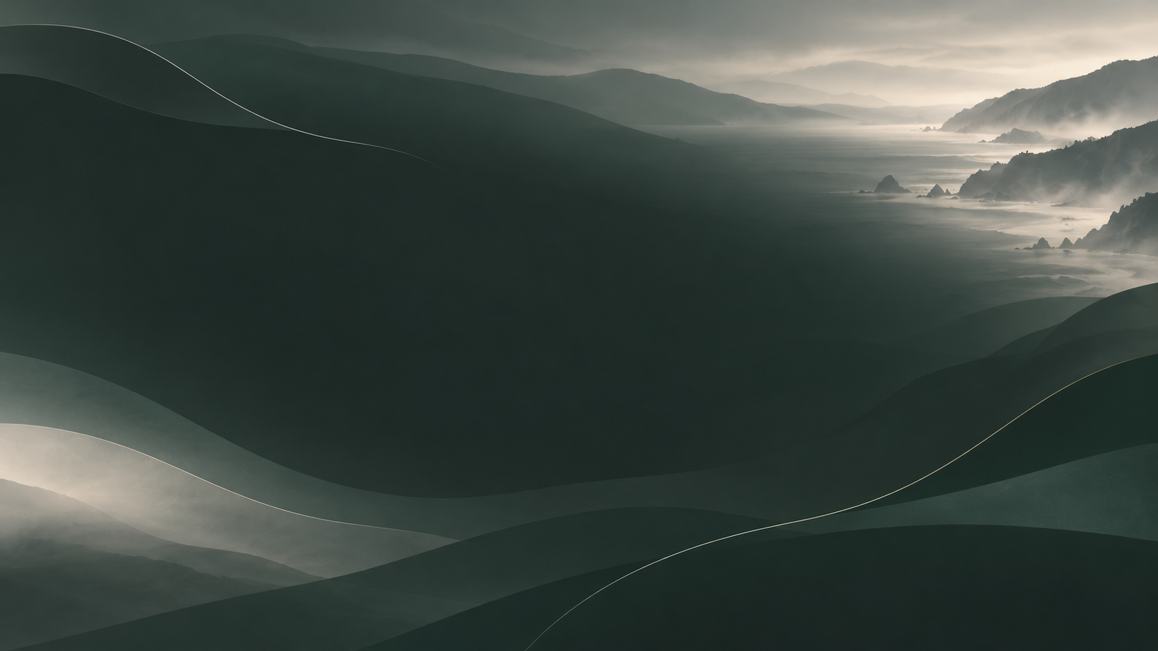 Abstract coastal contours in Whitethorn green and charcoal