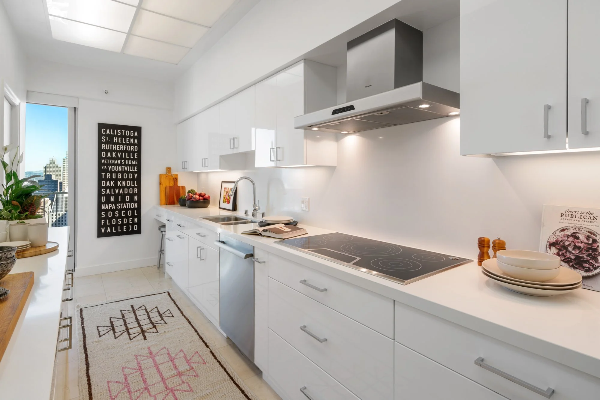 Modern kitchen with white cabinets, a black stovetop, a sink, and a skylight. Decor includes a black sign with city names, potted plants, bowls, and a rug with geometric patterns.