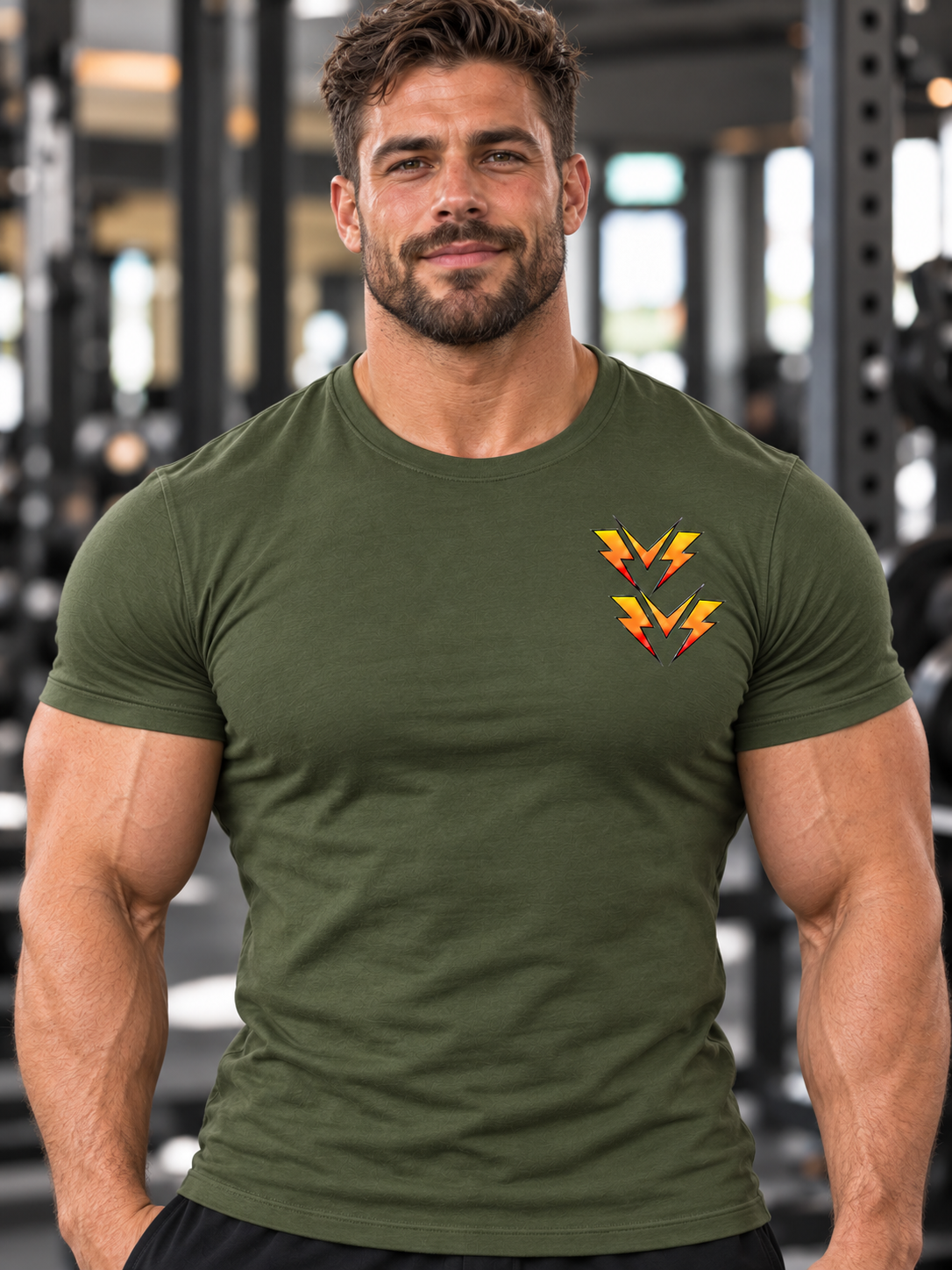 Bodybuilder in Olive Double M Tee.png