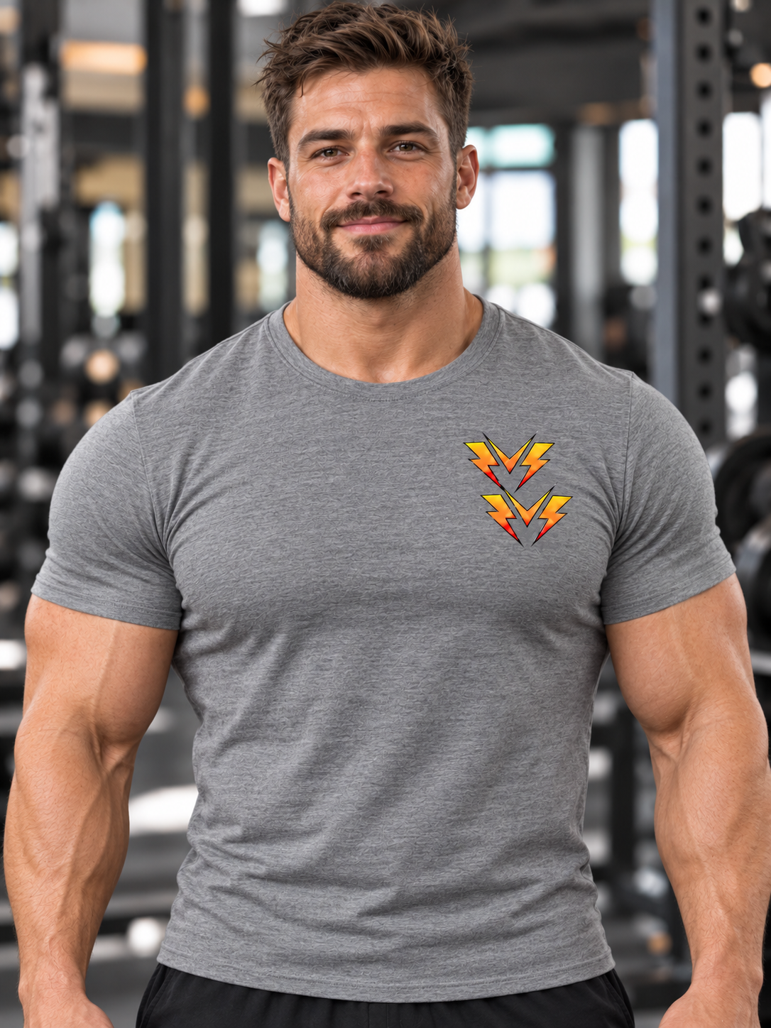 Bodybuilder showcasing a gray double M T-shirt.png