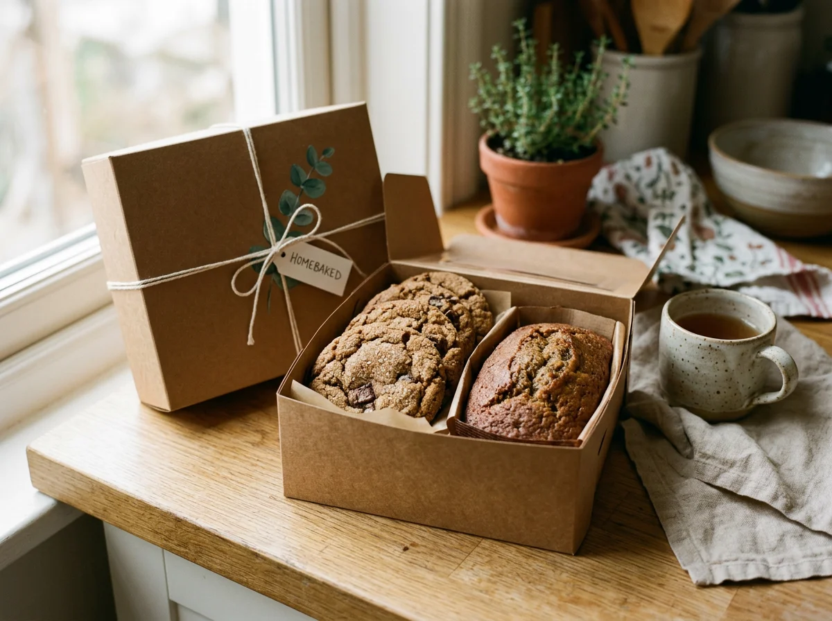 Homemade cookies and loaf cake in an open kraft gift box beside tea, a potted herb, and a handwritten homemade tag.