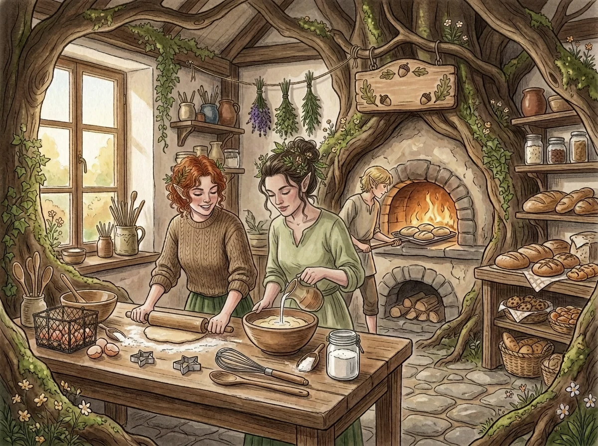 Fantasy woodland bakery with three elves baking bread beside a glowing stone hearth