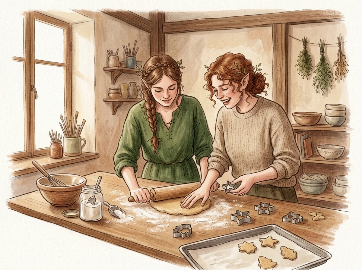 Two nymphs making cookies together in a cozy rustic kitchen, rolling dough and using star-shaped cookie cutters.