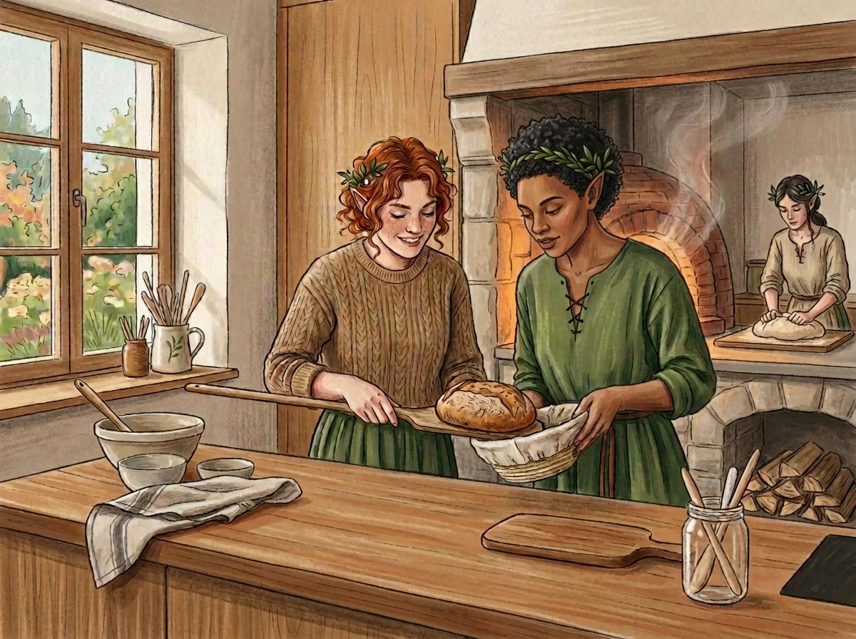 Fantasy medieval kitchen with two nymphs holding freshly baked bread by a fireplace while another nymph prepares dough in the background.