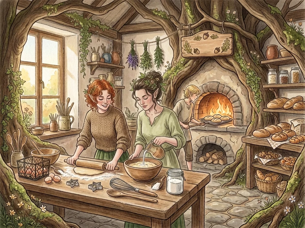 Whimsical illustrated treehouse bakery with two nymphs preparing dough, a baker tending a wood-fired oven, and fresh bread on shelves