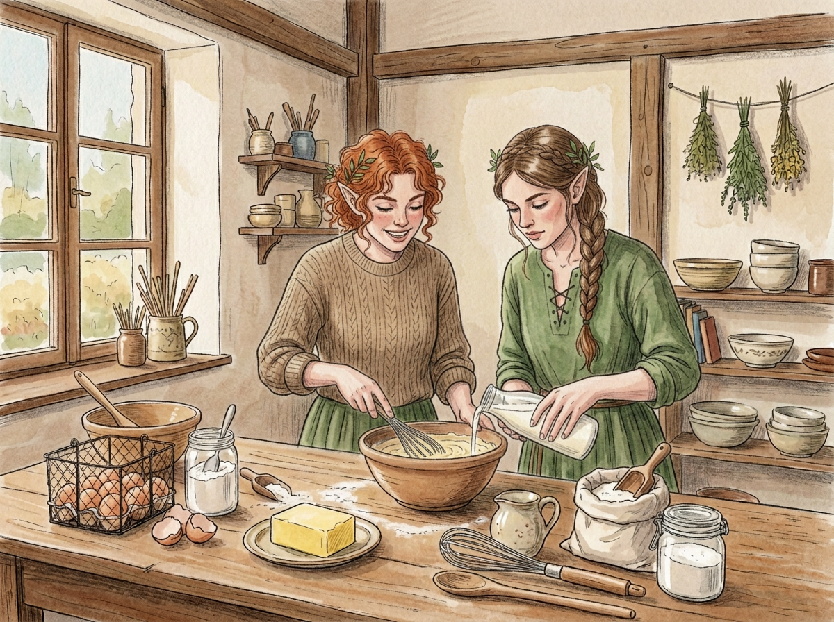 Two nymphs baking together in a rustic kitchen, whisking batter and adding milk with eggs, butter, flour, and baking supplies on the wooden counter.
