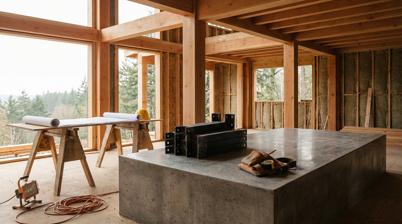 Interior of a house under construction with exposed wooden beams, a large concrete island, construction tools, and blueprints on a sawhorse.