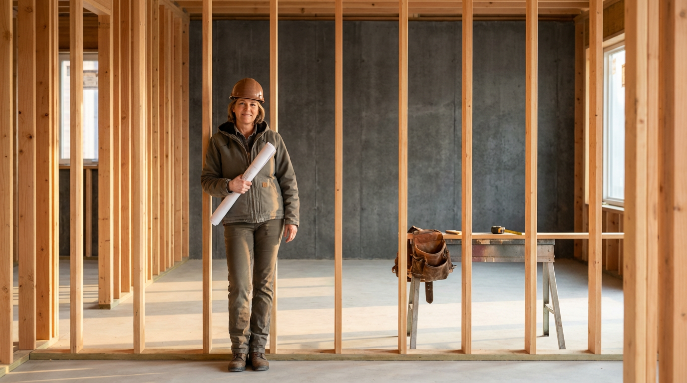 A woman construction worker wearing a hard hat, holding blueprints, standing inside a partially built wooden-framed house.