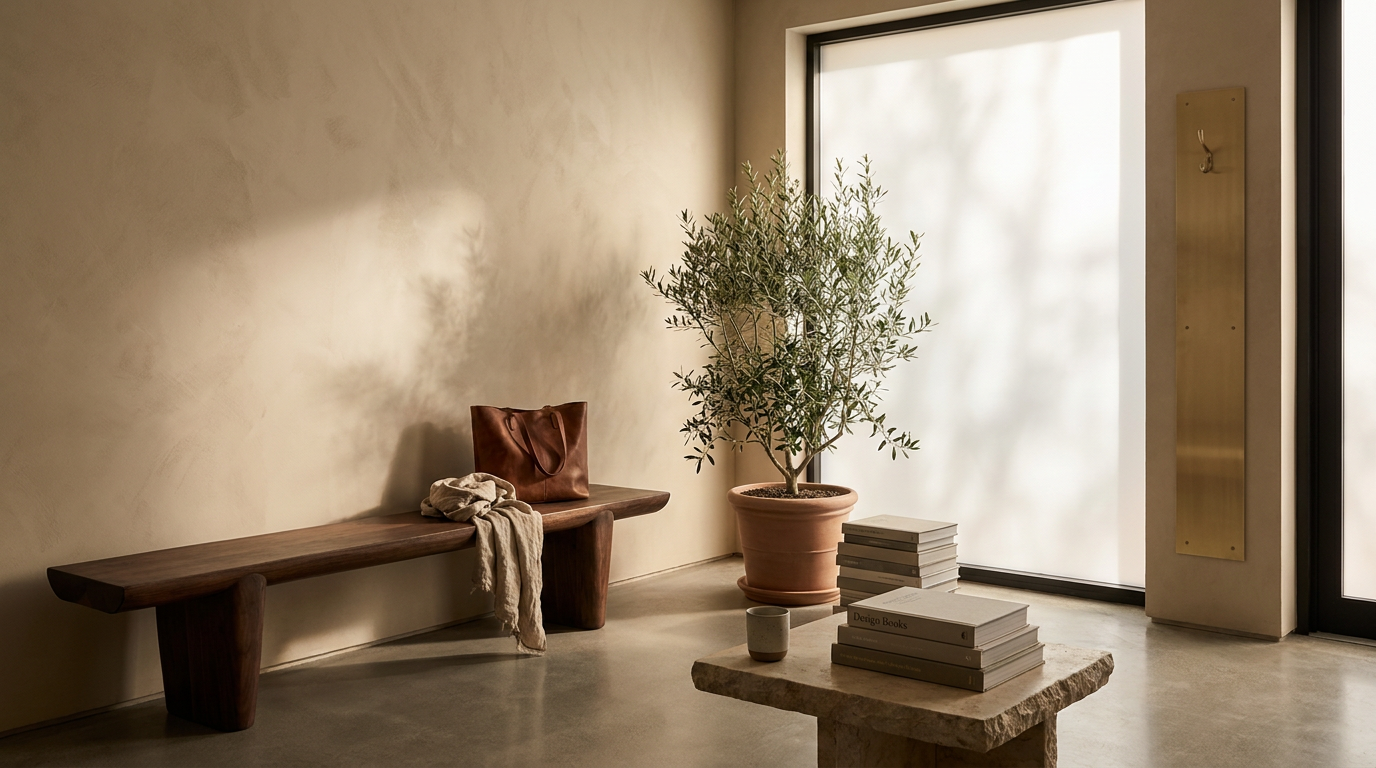 Minimalist interior with a wooden bench, a brown leather bag, and a cream-colored scarf on it, a potted plant, a stack of books, and a small ceramic cup on a stone table by a large window with frosted glass.