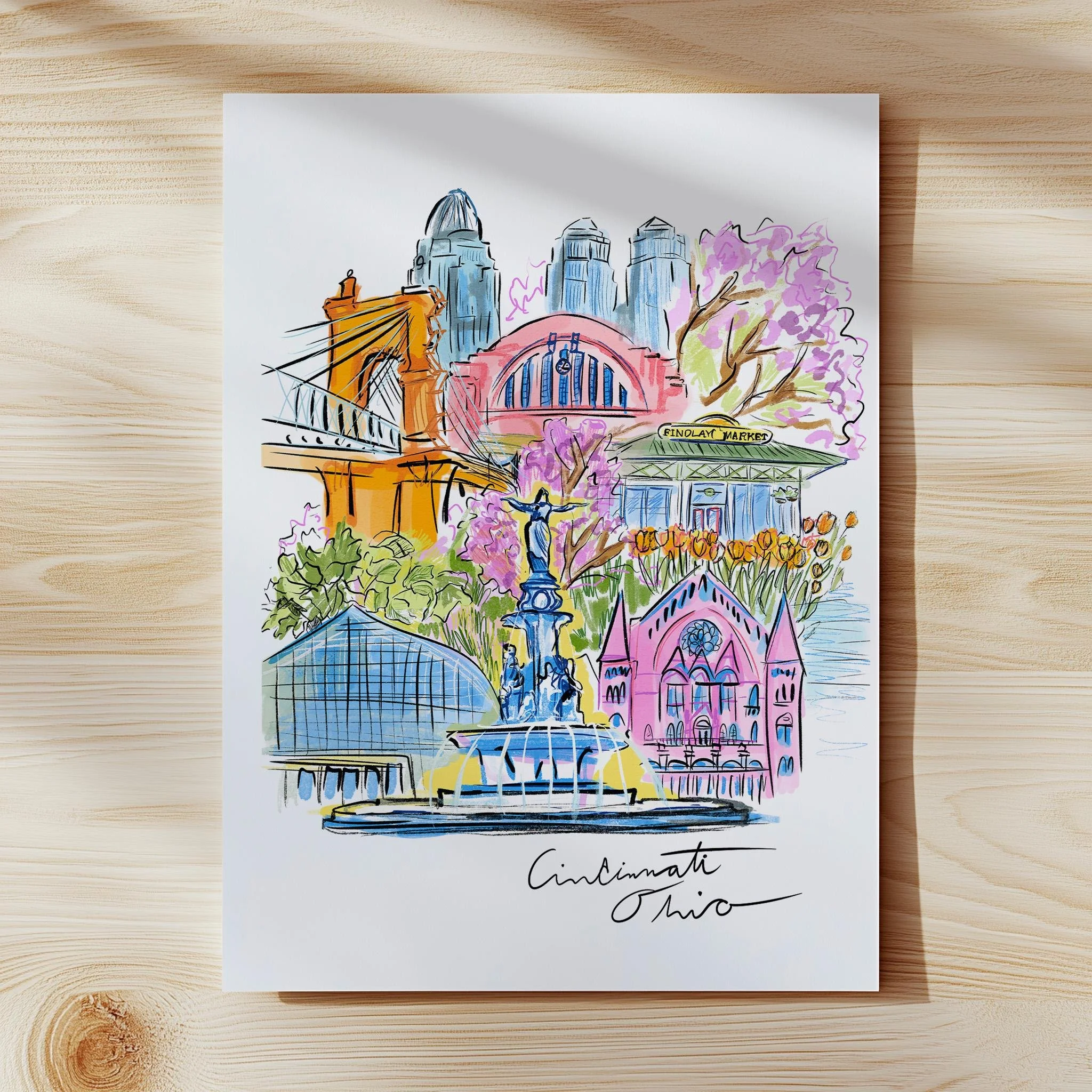 Cincinnati Ohio Illustrated Art Print, Cincinnati Skyline, Cincy art
