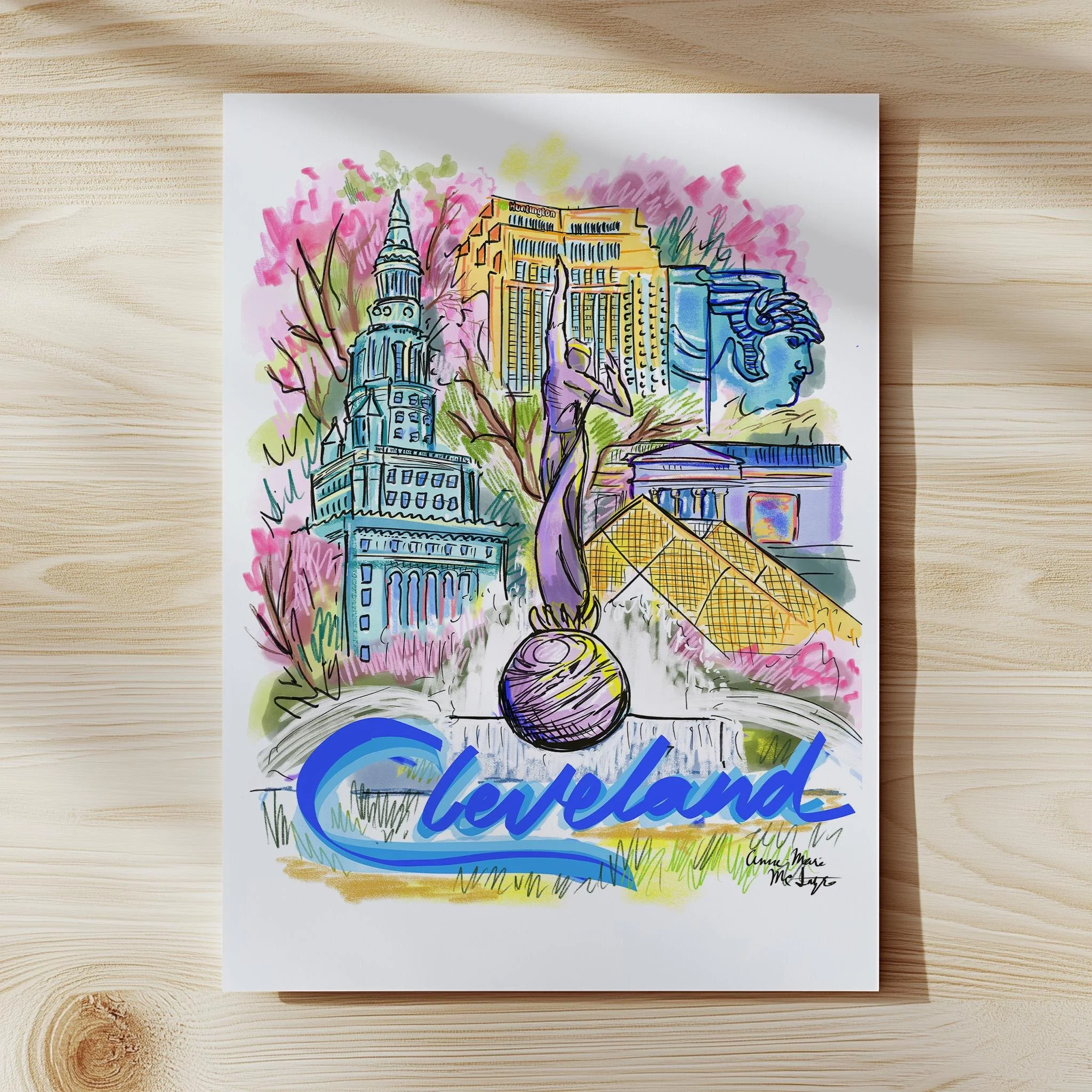 Cleveland Ohio Art Print, Cleveland Skyline, Illustrated print