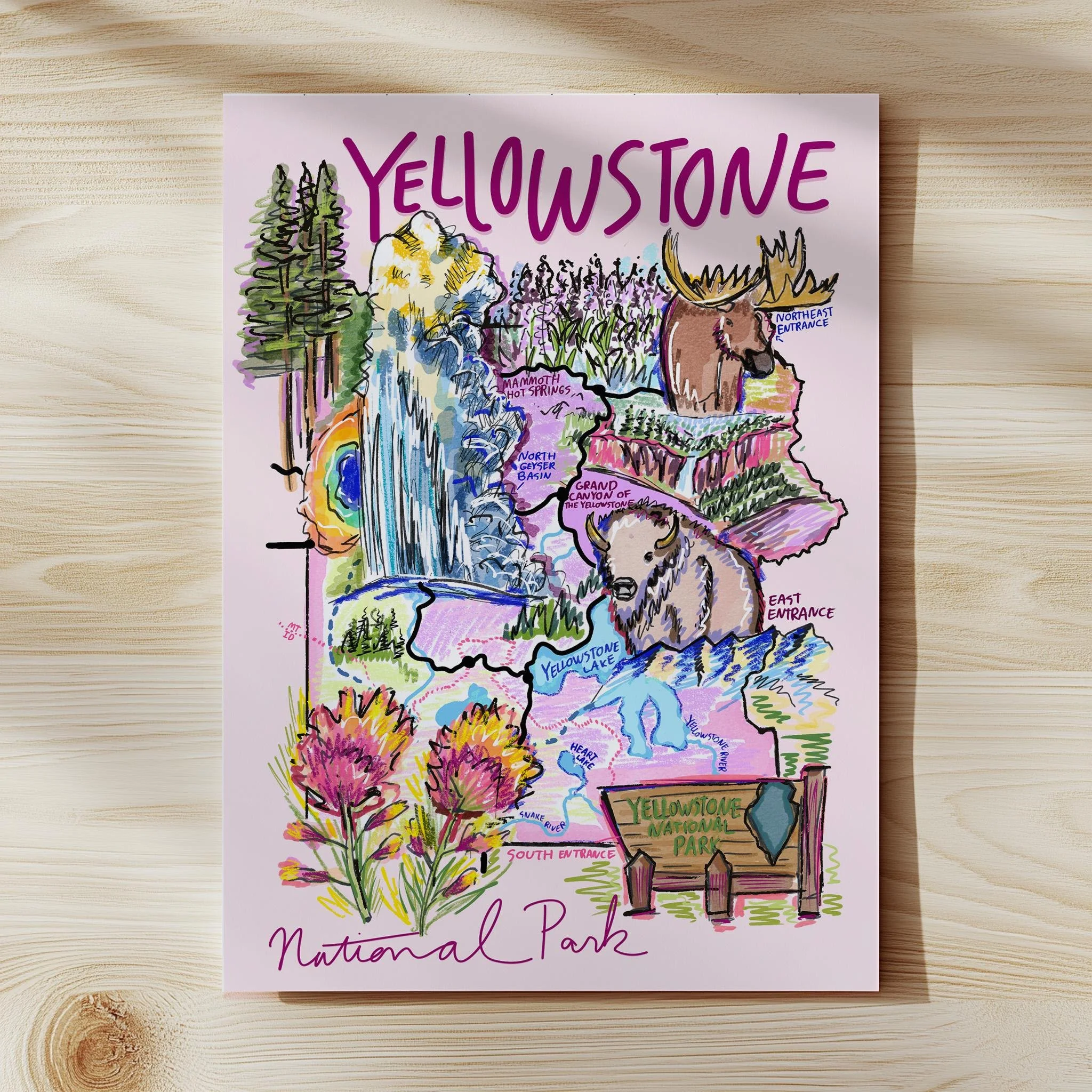 Yellowstone National Park Print, Illustrated souvenir, Yellowstone map art