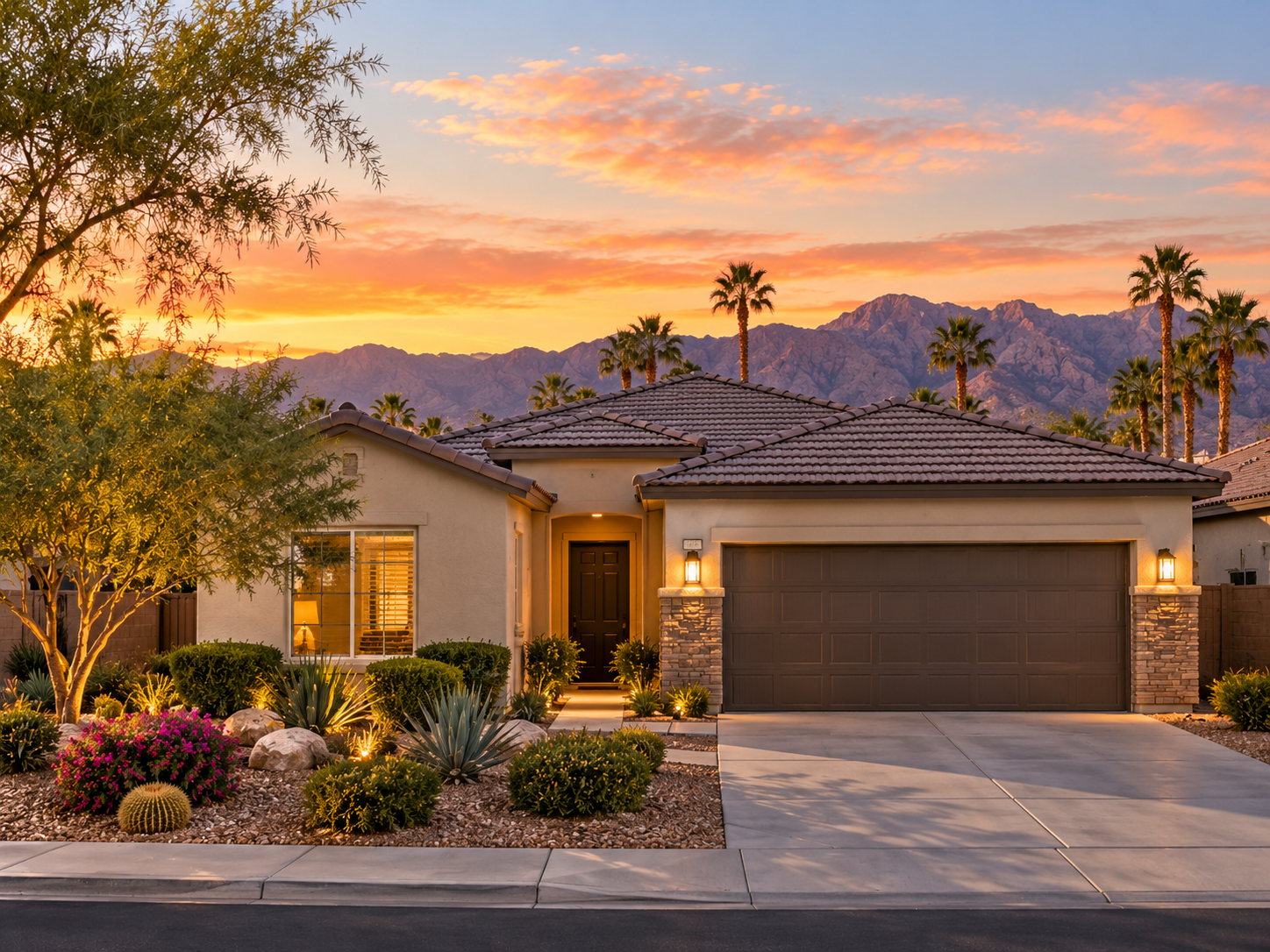 Desert-style suburban home with landscaped front yard, palm trees, and mountains at sunset