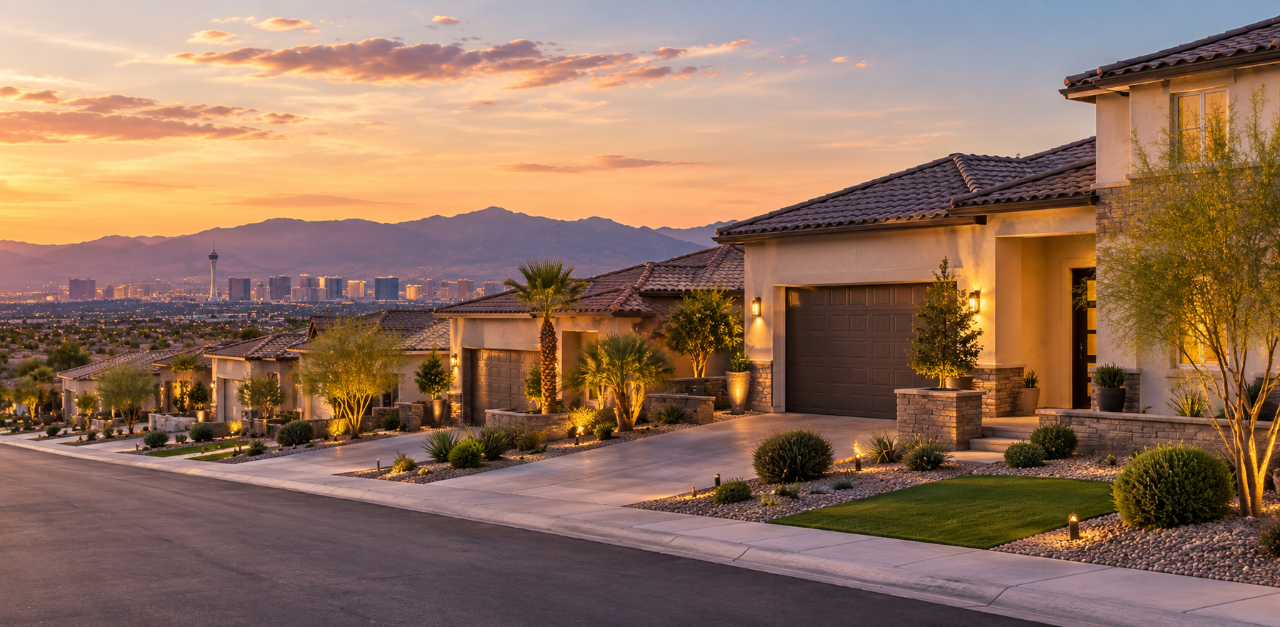 Luxury desert homes overlooking the Las Vegas skyline and mountains at sunset