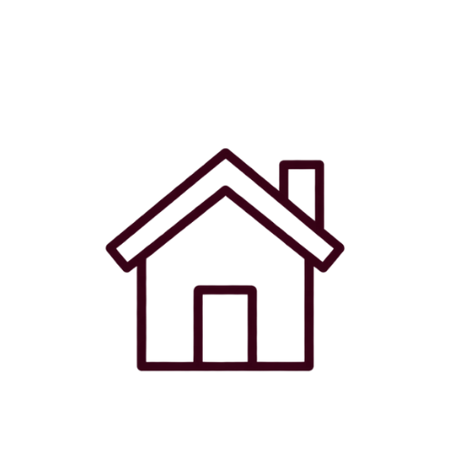 Dark red outline icon of a house with a front door, peaked roof, and chimney on a black background