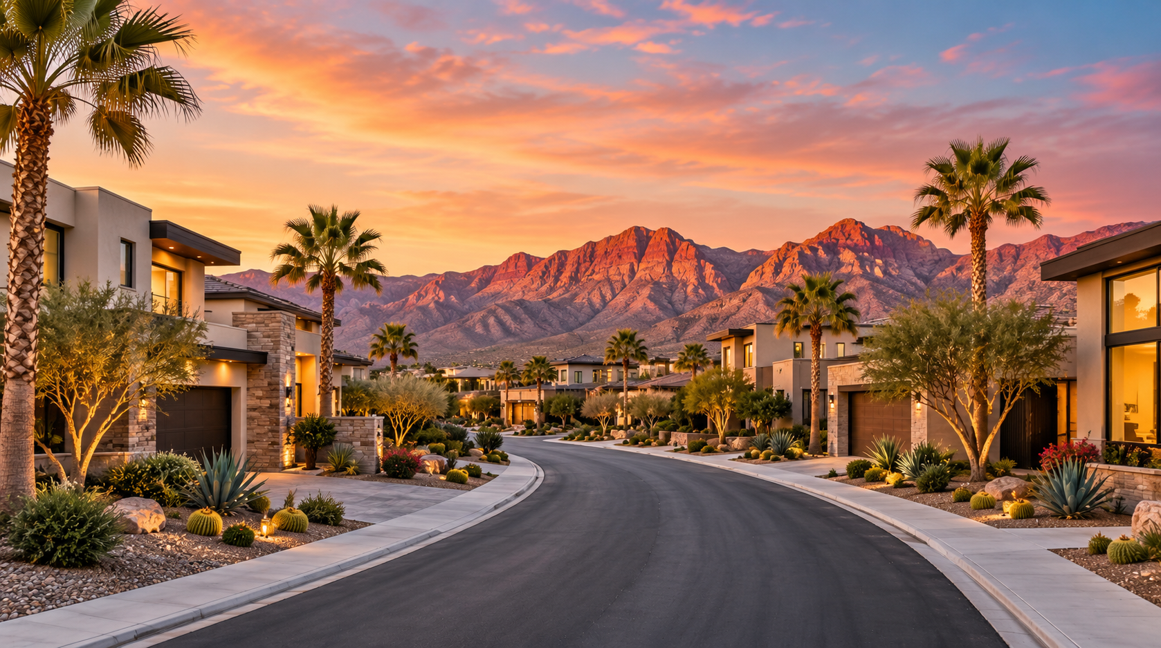 Modern desert neighborhood with palm trees and drought-tolerant landscaping at sunset, backed by dramatic red mountains.