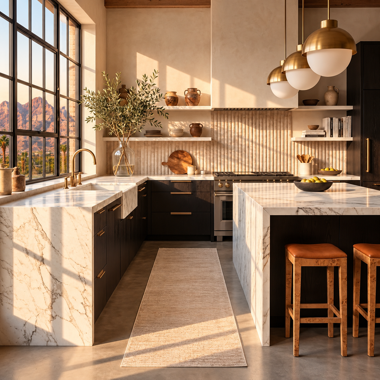 Warm modern kitchen with marble waterfall islands, dark wood cabinets, brass pendant lights, olive tree, and mountain views