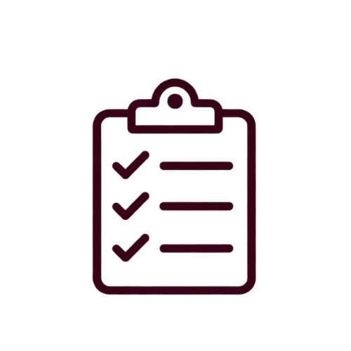 Dark maroon clipboard checklist icon on a black background