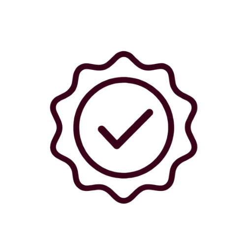 Dark red quality seal icon with a checkmark inside a circle