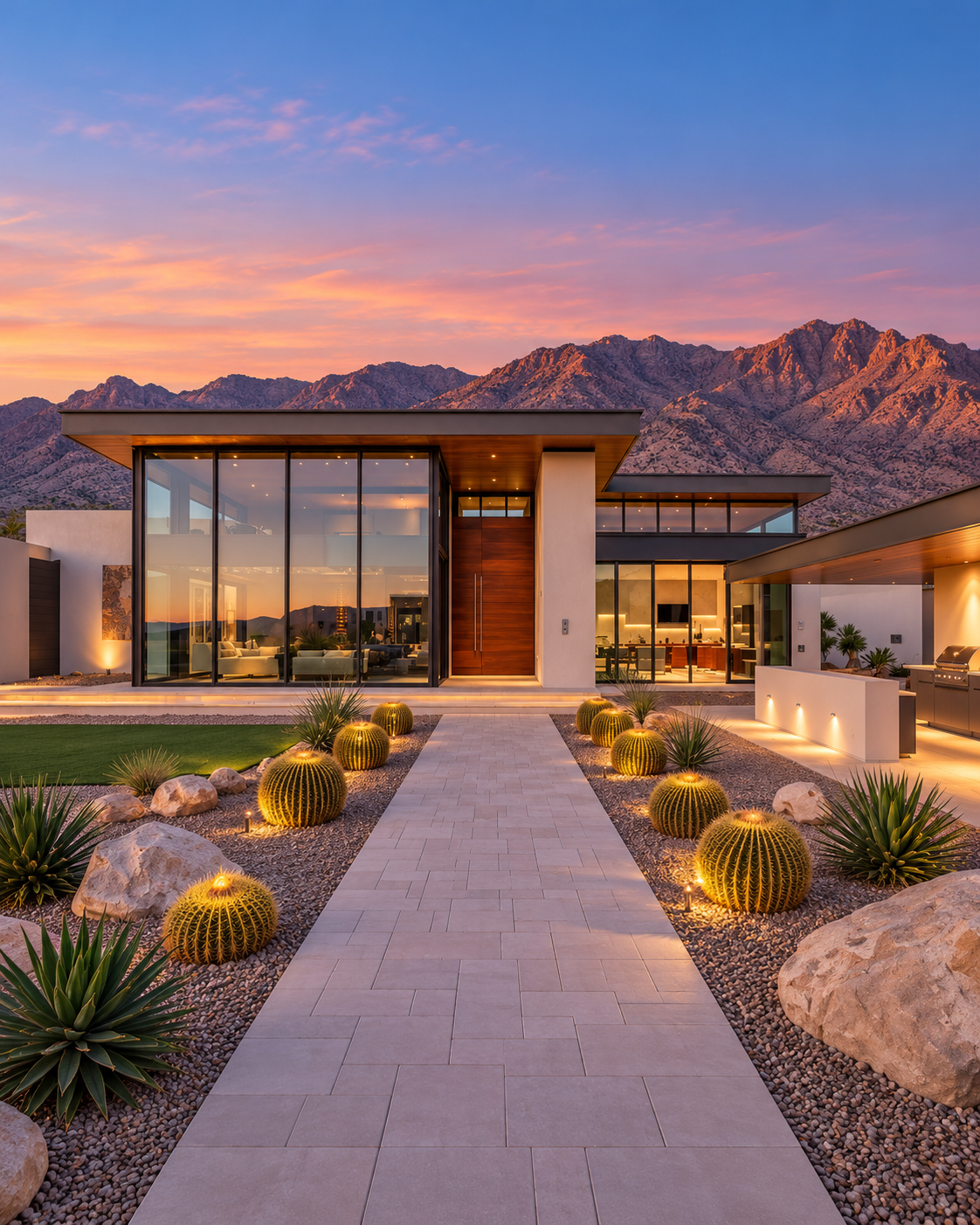 Modern desert home with floor-to-ceiling windows, illuminated cactus landscaping, and mountain views at sunset
