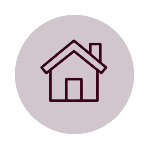 Maroon outline of a house with a chimney and front door inside a light gray circle