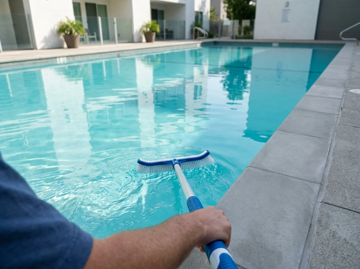 Person cleaning a swimming pool with a pool brush